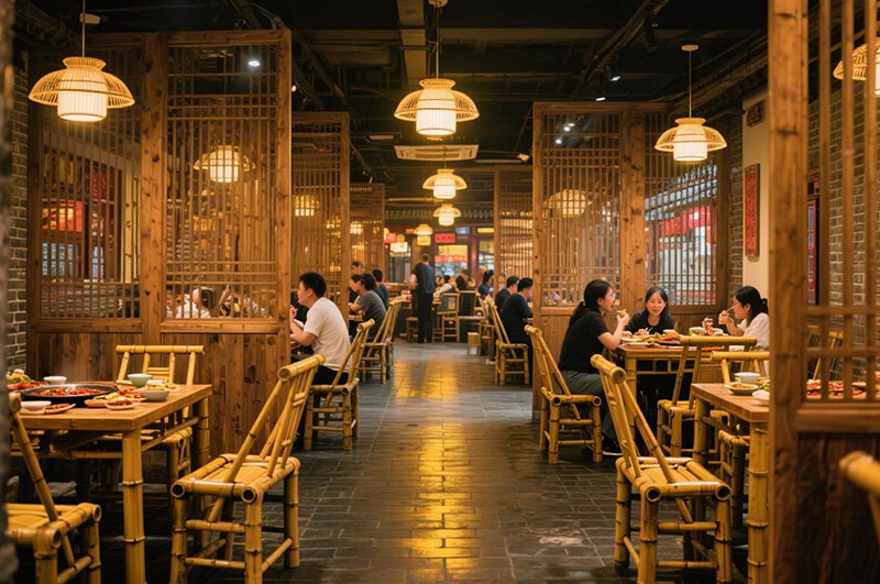 采用竹、木、青磚等傳統(tǒng)材質(zhì)的火鍋店裝修效果圖